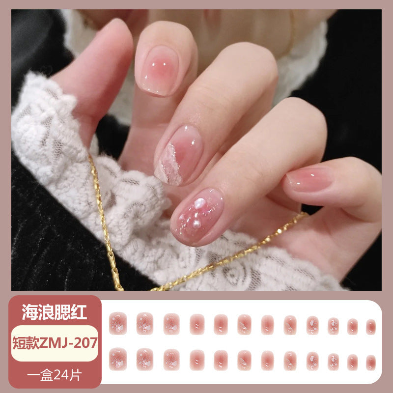 Wearable nail tips wholesale medium and long ice transparent oolong gradient peach nail art finished nail stickers false nails