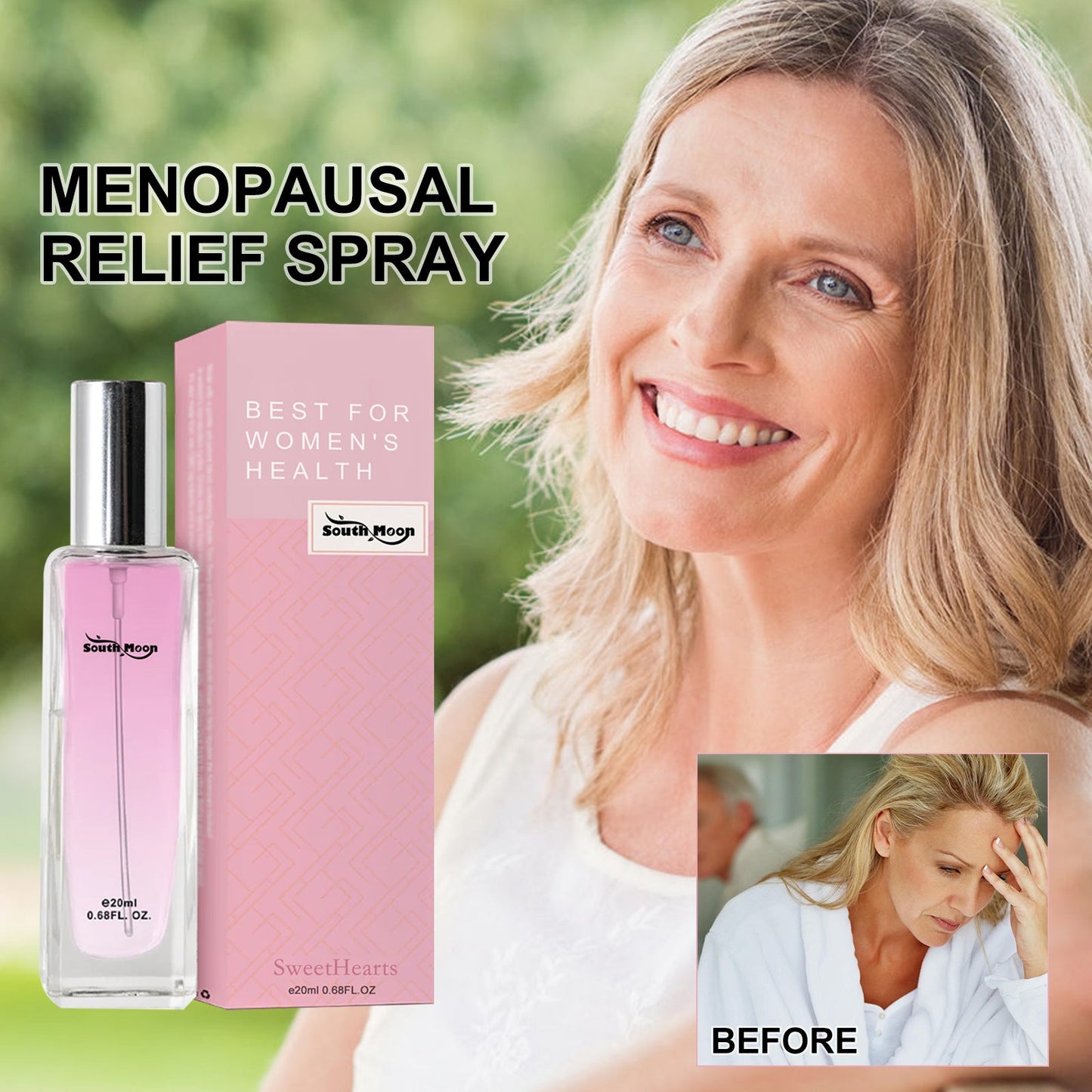 South Moon Menopausal Relief Spray ដើម្បីគ្រប់គ្រងអារម្មណ៍ និងកាត់បន្ថយភាពអស់កម្លាំងខាងរាងកាយ និងផ្លូវចិត្តសម្រាប់ស្ត្រីអស់រដូវ 