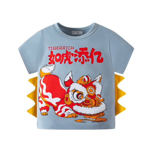 be top children's clothing Chinese style children's short-sleeved lion dance lion dance summer new boys T-shirt baby one piece