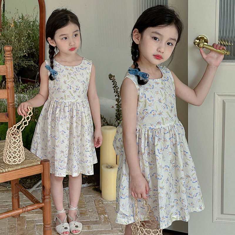 Children's summer cotton dress cotton floral skirt thin cool fat vest skirt pastoral style children's summer vacation travel