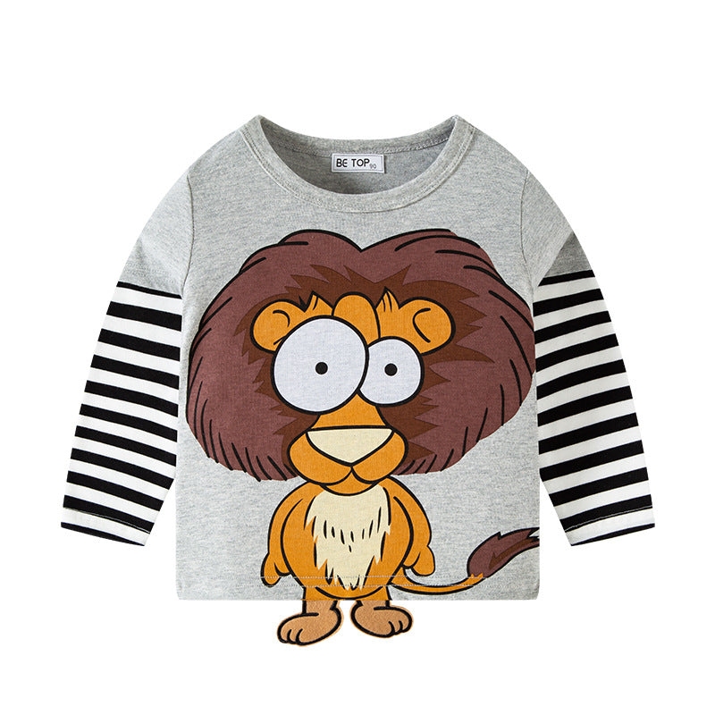 2024 Spring and Autumn New Children's Striped Sleeve Three-Dimensional Cartoon T-shirt Pure Cotton Baby Top Boys Bottoming Shirt