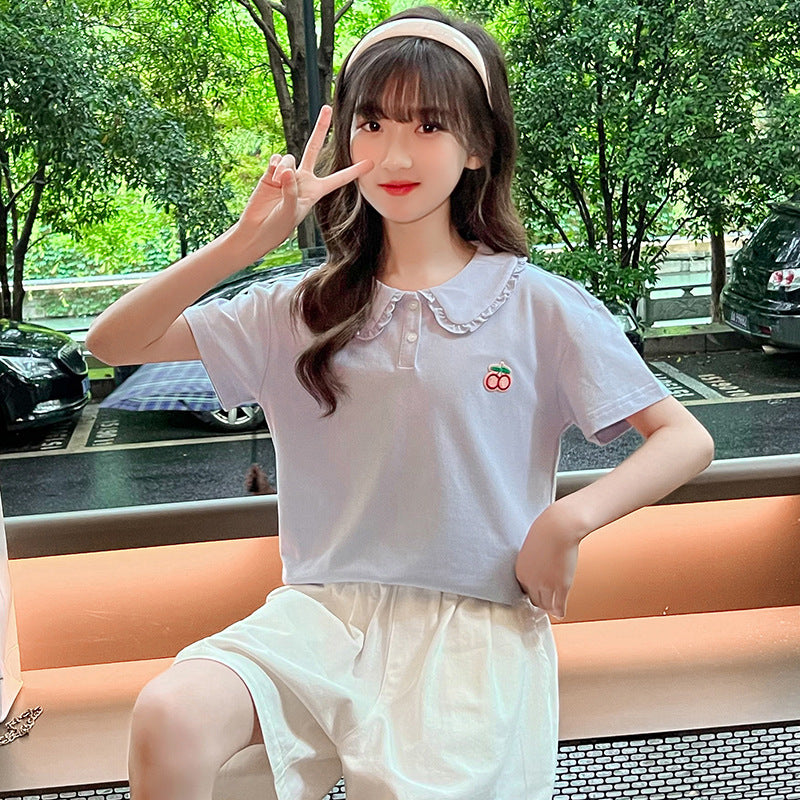 Summer Girls Short Sleeve POLO Shirt Tops Doll Collar Baseball Jacket Tennis Jacket Cotton Middle and Large Children Striped Shirt Sports