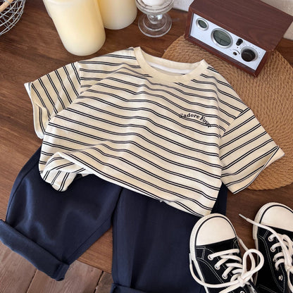 Children's clothing short-sleeved 2024 summer new boys striped versatile casual T-shirt children's fashion trend simple short-sleeved T