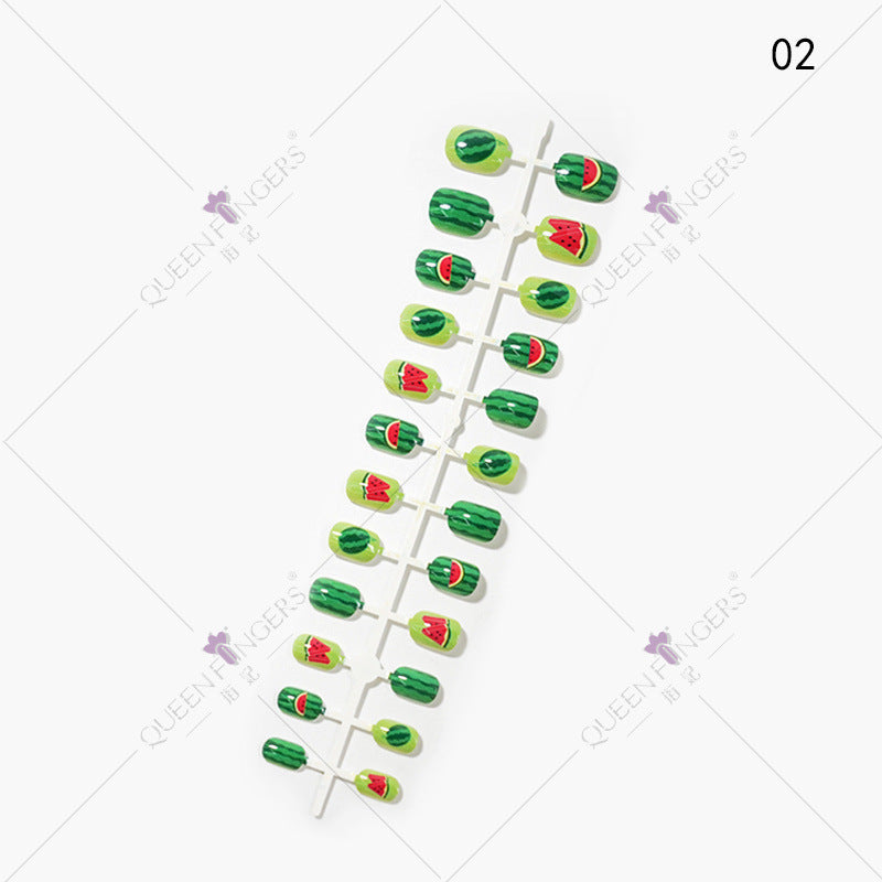 Zhifei Nail Art Summer Fruit Series Children's False Nails 24 Pieces Cartoon Strips Fully Stickers Removable Nail Art Pieces