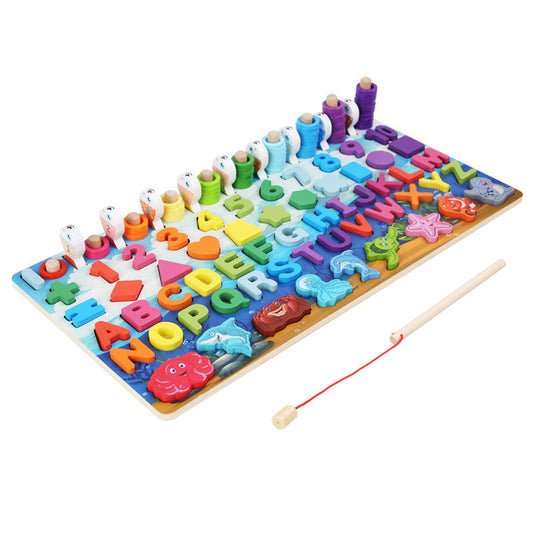 Children's wooden multifunctional fishing logarithmic board shape matching three-dimensional puzzle operation early education cognitive educational toy