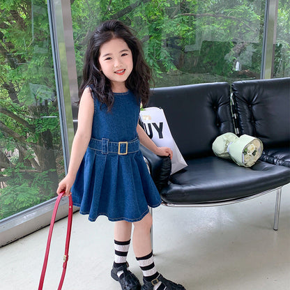 Korean children's clothing 2024 summer new girls denim dress Western style children's sleeveless vest dress princess dress trend