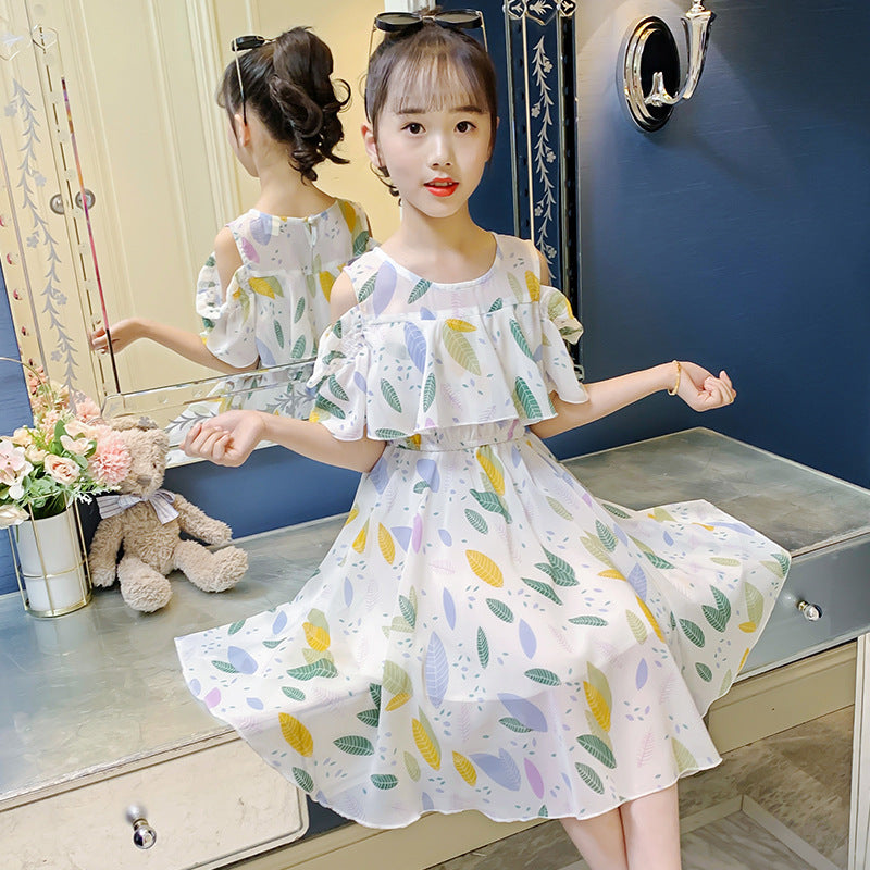 Girls dress summer 2024 new style chiffon off-shoulder dress medium and large children's Bohemian holiday dress 