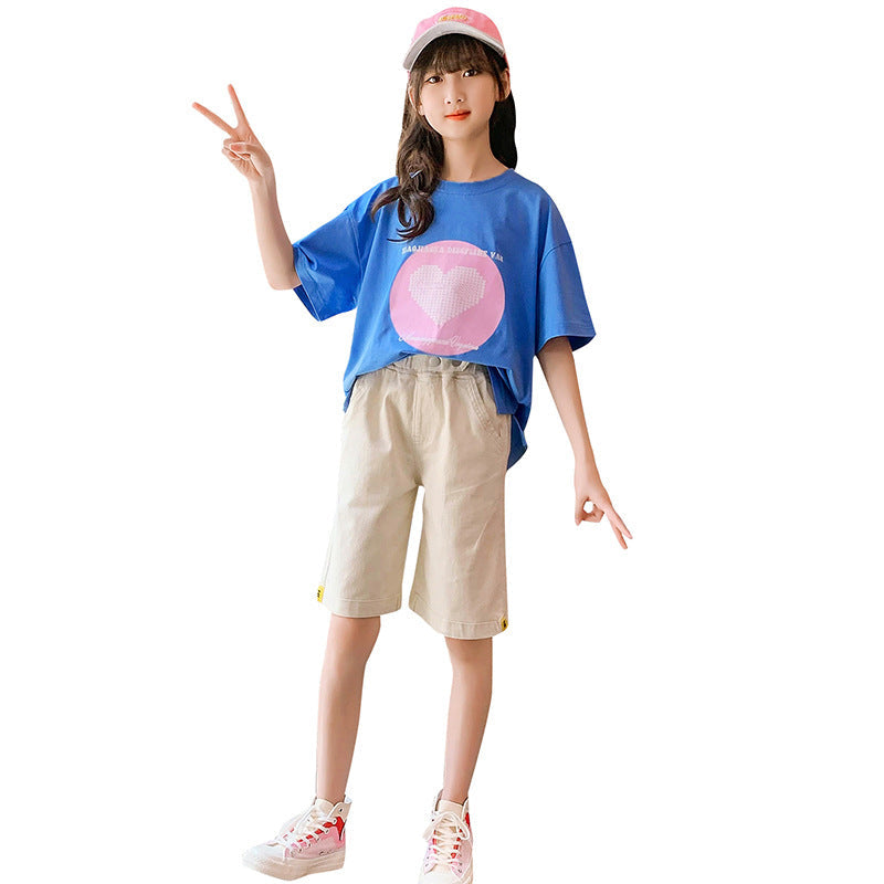 Girls summer cotton short-sleeved T-shirt cartoon print net celebrity top children's medium and large children's T-shirt knitted cotton sweater trend