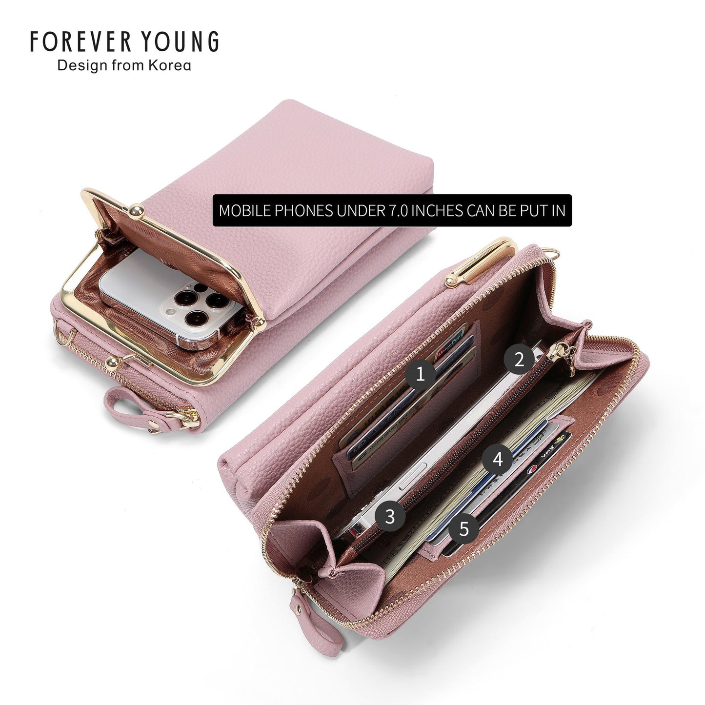 foreveryoung mobile phone bag messenger bag for women simple and fashionable litchi pattern large capacity coin purse foreign trade 