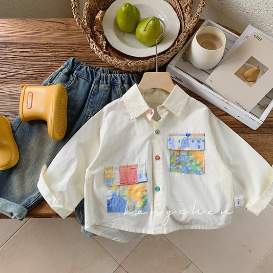 Children's shirt Bangcheng 2024 summer boys' colored button shirt children's clothing trendy painting pocket jacket G0059