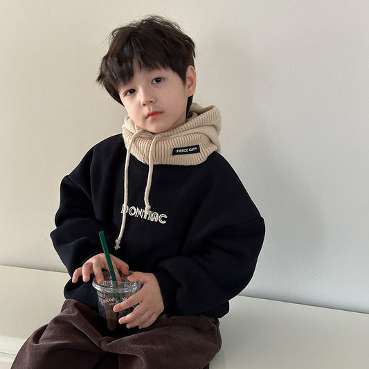 Amo Beibei children's plush and thickened three-dimensional letter sweatshirt for boys and girls baby warm Austrian grain velvet round neck top