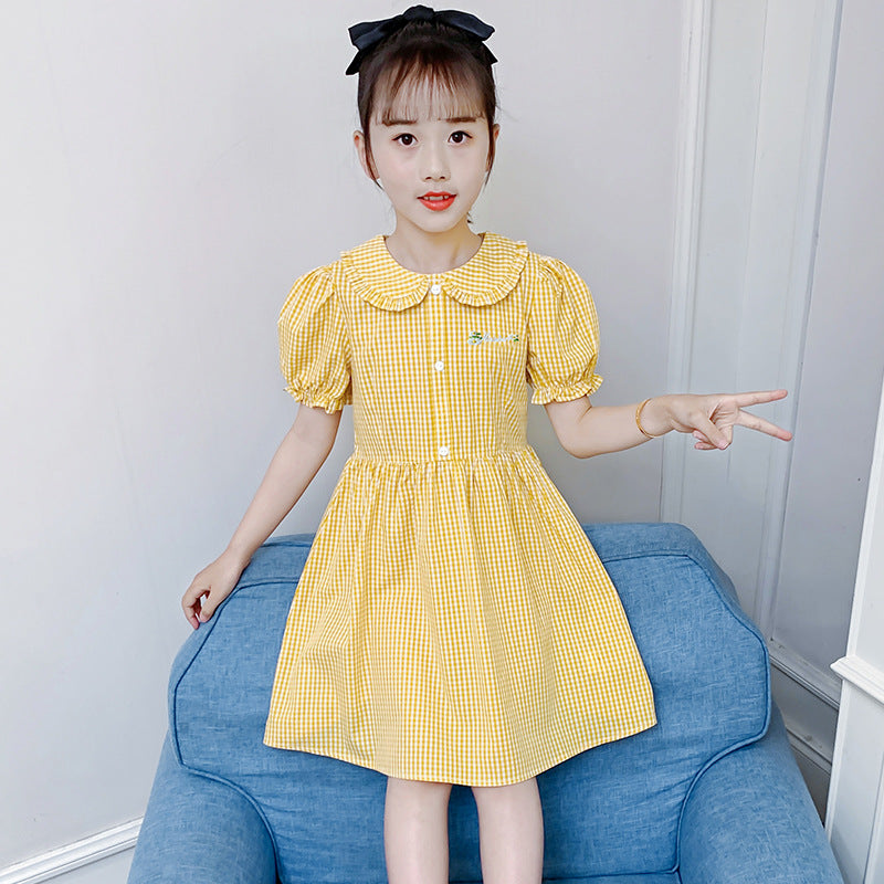 Girls short-sleeved dress summer new cotton baby collar plaid dress for middle and large children stylish embroidered skirt