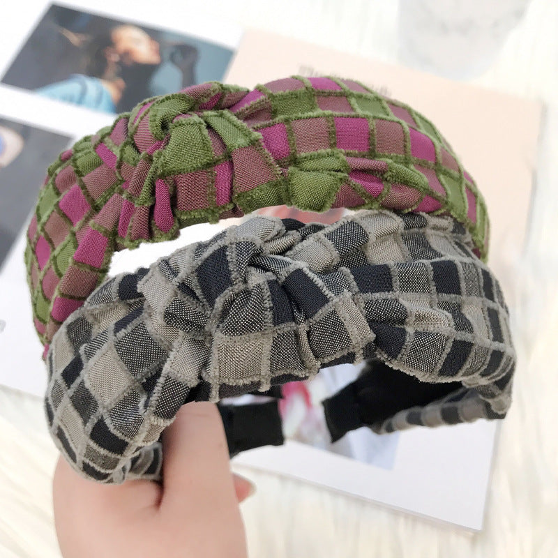 European and American Christmas headband for women Korean style cute sweet temperament knotted head buckle fabric wide edge plaid headband hair cave