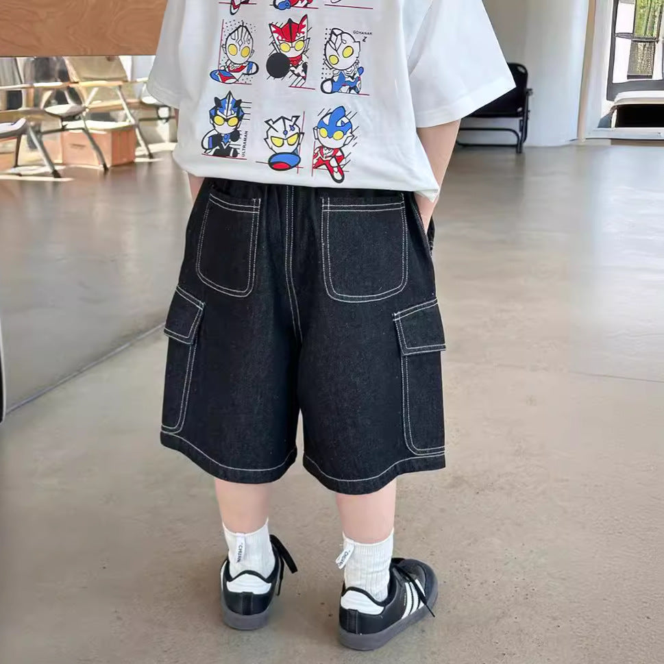 Amo Beibei boy 2024 summer bright line loose workwear jeans children's baby handsome sand washed cotton shorts