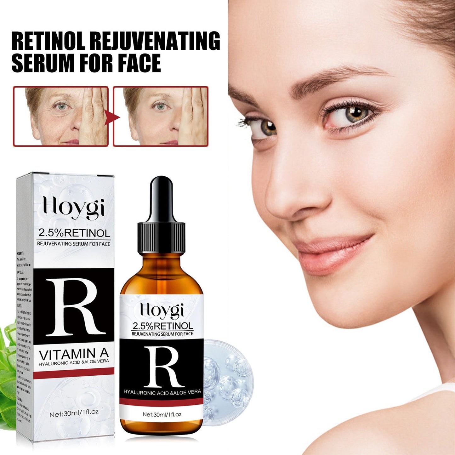 Hoygi Retinol Facial Serum បំបាត់ស្នាមជ្រីវជ្រួញ និងផ្នត់ nasolabial ផ្តល់សំណើមដល់ស្បែកមុខ សេរ៉ូមប្រឆាំងភាពជ្រីវជ្រួញ 