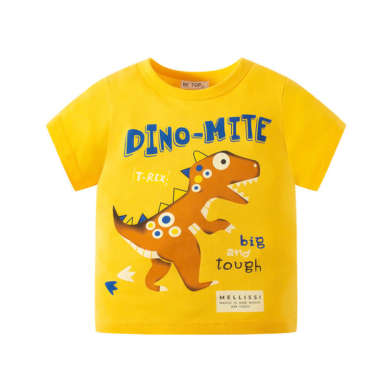 Children's short-sleeved cartoon dinosaur Korean version baby tops boy T-shirt pure cotton sweater summer trendy children's clothing wholesale