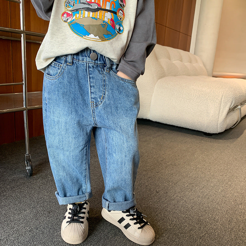 Children's pants boys and girls 2024 spring single button sand washed jeans baby Korean straight pocket trousers trendy