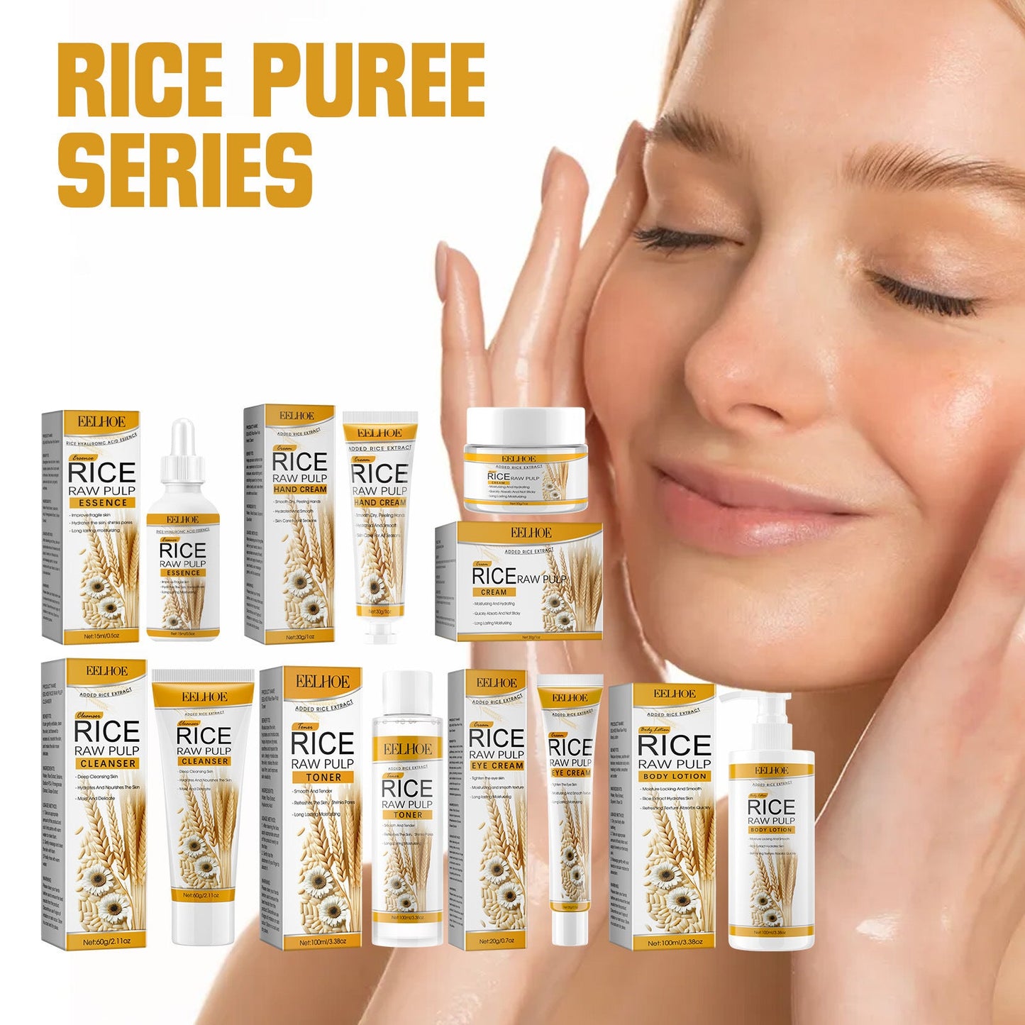 ស៊េរី EELHOE Rice Puree Series មុខ ភ្នែក ដៃ សម្អាតរាងកាយ ផ្តល់សំណើម ភាពក្មេងជាងវ័យ និងស៊េរីផ្តល់សំណើម 