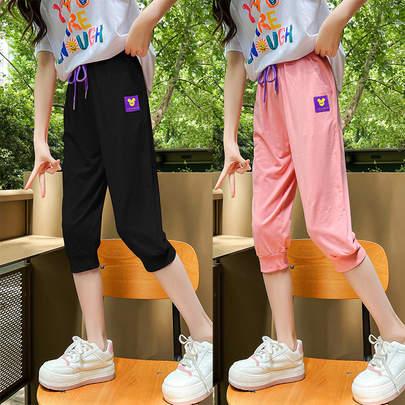 Girls' summer cropped trousers loose elastic outer cotton cuffs thin style middle and large children's sports casual trousers trendy