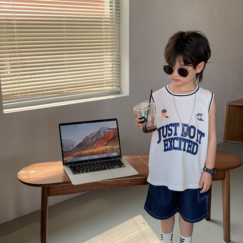 Amo Beibei children's 2024 summer letter sports breathable tops boys handsome mesh breathable basketball uniform vest