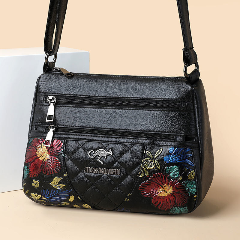 2024 new middle-aged mother bag pure hand-painted pattern fashionable large-capacity embroidery design multi-layer crossbody bag