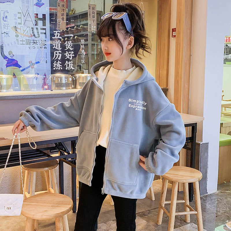 Girls winter clothes 2024 new double-sided fleece warm polar fleece thickened velvet cardigan jacket with hood sports style