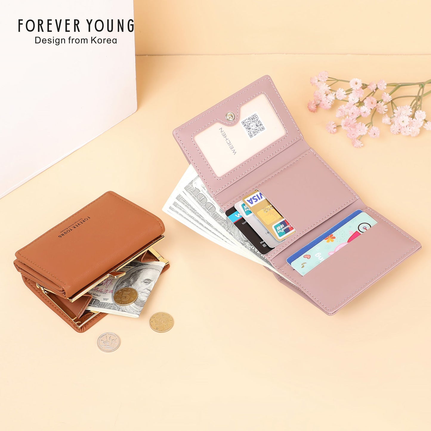 forever young wallet women's short cute Japanese style student wallet Korean version simple three folding coin purse