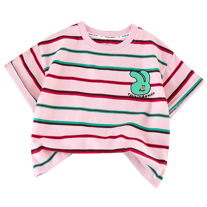 Children's summer short-sleeved tops cotton T-shirt striped shirt elastic loose small children kindergarten primary school fat sweat tide