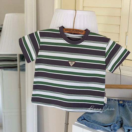 Children's T-shirt Bangcheng 2024 nail triangle logo summer striped short-sleeved boys short T-shirt for small and medium children's tops trendy G0269