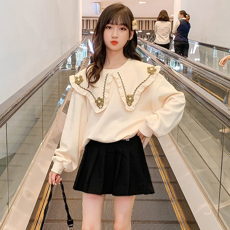 Girls' large lapel college style doll collar wooden ear edge large collar sweater 2024 spring new Korean style flower coat