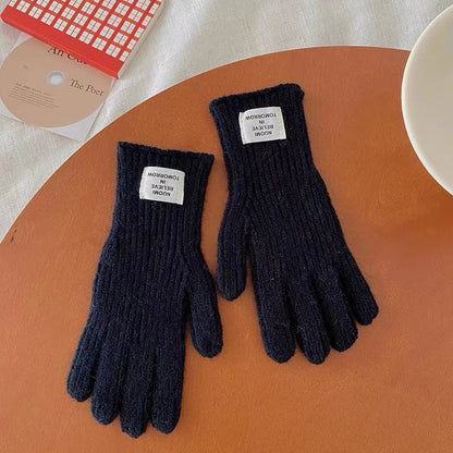 Children's 2023 winter thick wool warm color matching gloves for boys and girls baby letter label hole five-finger gloves