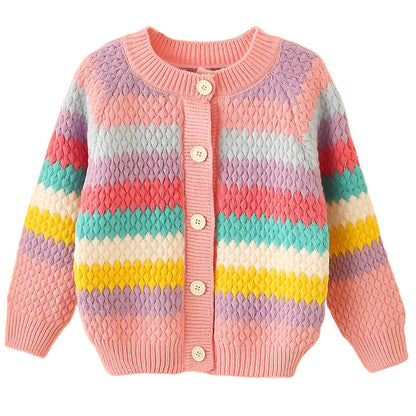 2024 autumn and winter girls cardigan sweater new rainbow knitted sweater for middle and large children loose Korean version with color