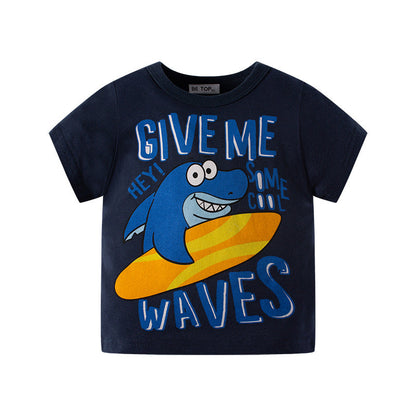 2023 Summer New Korean Children's Short Sleeve Cartoon Shark Pattern Baby Boy Tops Cotton T-shirt