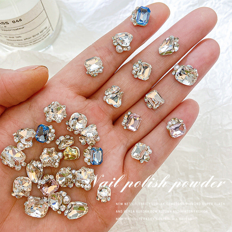 Internet celebrity nail art crystal stack diamond super flash transparent Huazi crooked heart axe fat square three-dimensional handmade pearl nail diamond