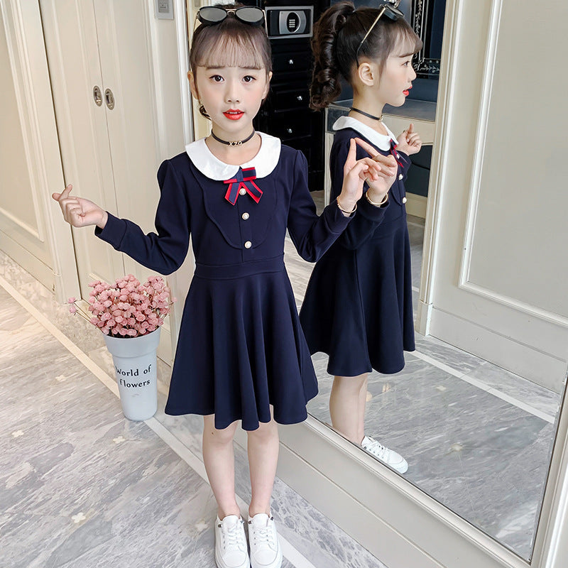 Girls Spring and Autumn Dress 2024 New Style Children's Clothing College Style Doll Collar Long Dress Internet Celebrity Princess Dress