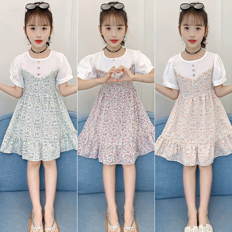 Girls dress 2024 summer new style medium and large children's floral dress pastoral style fake two-piece short-sleeved dress