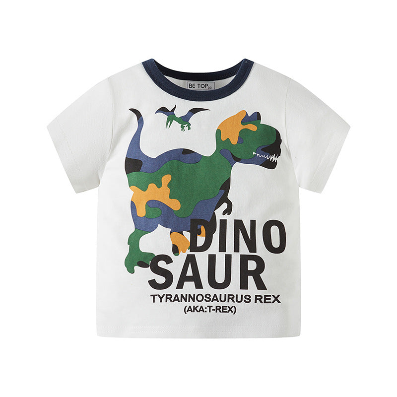 Boys T-shirt summer clothes 2024 new summer children's short-sleeved camouflage dinosaur thin style knitted sweater top trend