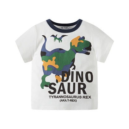 Boys T-shirt summer clothes 2024 new summer children's short-sleeved camouflage dinosaur thin style knitted sweater top trend