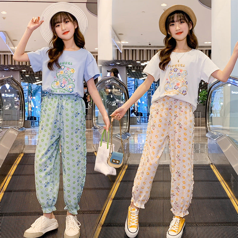 Summer girls' thin anti-mosquito pants ice silk loose floral sports cotton medium and large children's short-sleeved trousers two-piece suit trendy