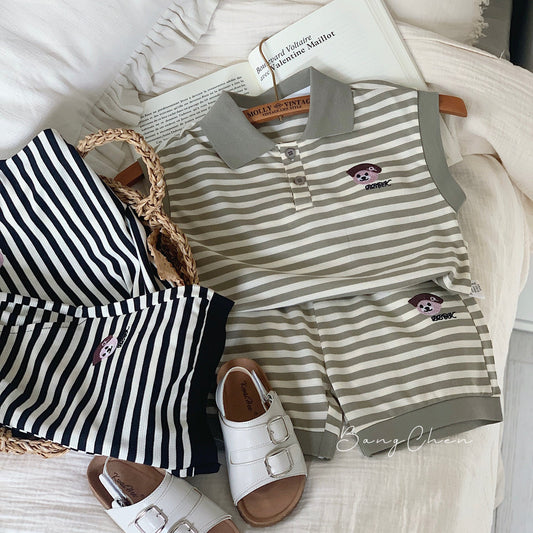 Children's suit Bangcheng 2024 summer striped sleeveless T-shirt boy POLO shirt + shorts two-piece suit trendy G0238