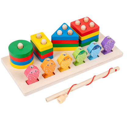 Children's wooden three-dimensional fishing set two-in-one Montessori shape recognition matching hand-eye coordination educational toy 