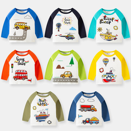 Korean children's clothing children's new autumn cartoon car pattern T-shirt boy's pure cotton sweater pullover bottoming shirt