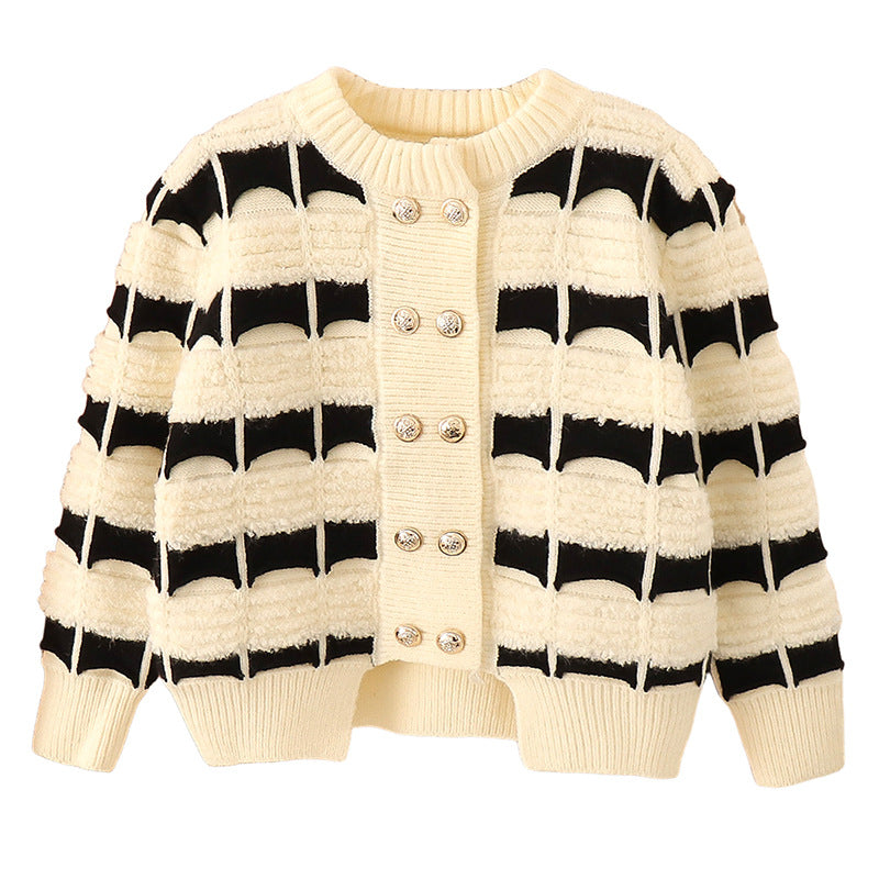 2024 new girls sweater double-breasted sweater coat hollow double-layer Korean version of foreign Internet celebrity middle and large children's knitted sweater