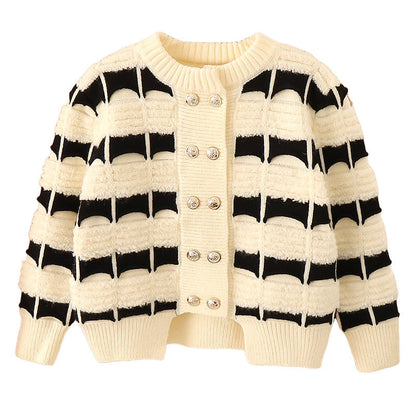 2024 new girls sweater double-breasted sweater coat hollow double-layer Korean version of foreign Internet celebrity middle and large children's knitted sweater