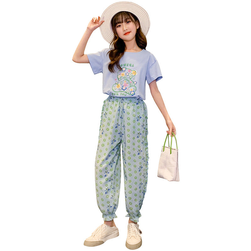 Summer girls' thin anti-mosquito pants ice silk loose floral sports cotton medium and large children's short-sleeved trousers two-piece suit trendy