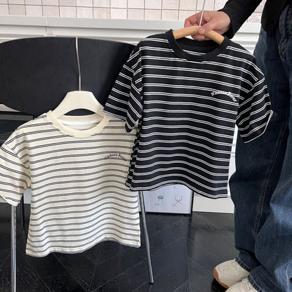 Children's clothing short-sleeved 2024 summer new boys striped versatile casual T-shirt children's fashion trend simple short-sleeved T