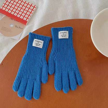 Children's 2023 winter thick wool warm color matching gloves for boys and girls baby letter label hole five-finger gloves