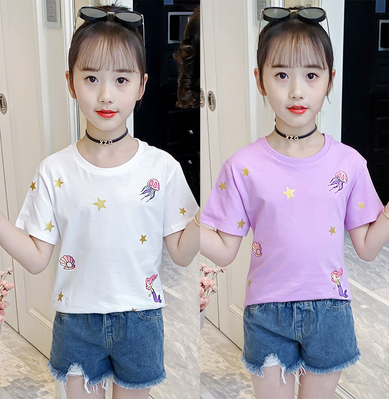 Girls summer short-sleeved T-shirt 2024 new fashion cartoon print loose T-shirt casual sports cotton top