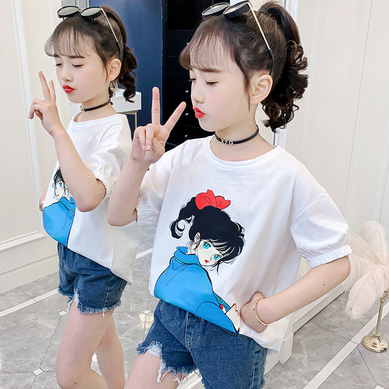 Girls short-sleeved T-shirt 2024 new style children's summer cartoon T-shirt medium and large children's loose printed top