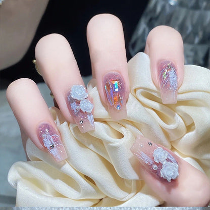 Internet celebrity handmade wear nails wholesale medium and long love edge diamond nail art nail tips nail stickers fake nails jelly glue